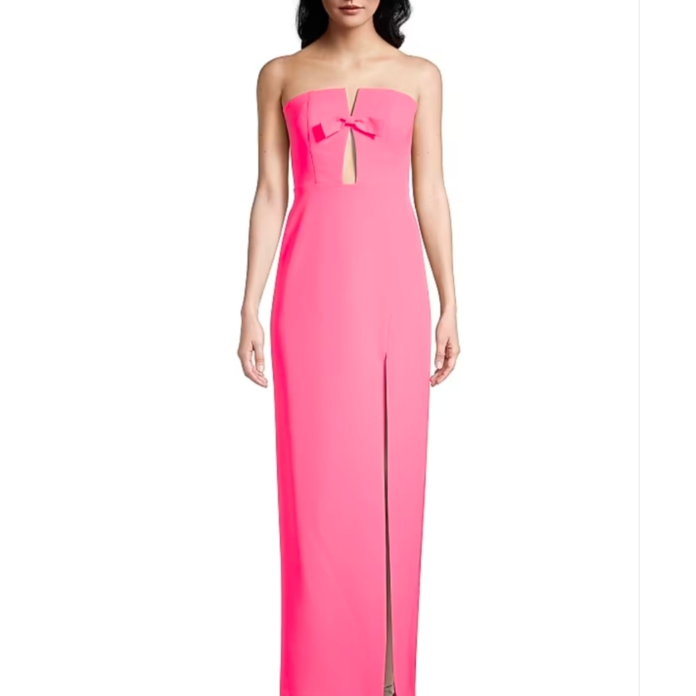 Liv Foster Strapless Crepe Column Gown with Bow & Slit NWT